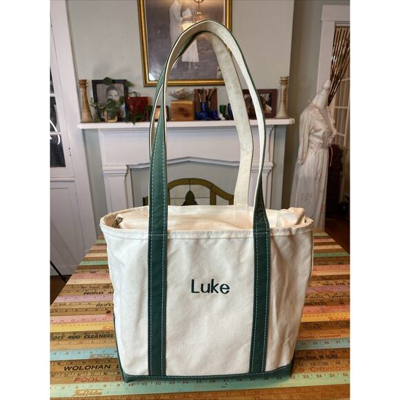 L.L. Bean Boat Tote Green Canvas Bag M Long Handles Zip Top USA “Luke” Monogram - Picture 3 of 16